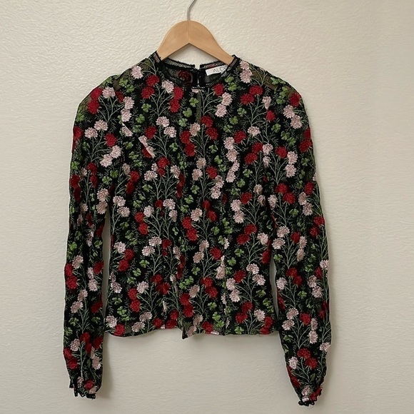 Alexis Tops - Alexis Floral Embroidered Black Lace Blouse—GORGEOUS!!  Pink, Red & Green—EUC—XS